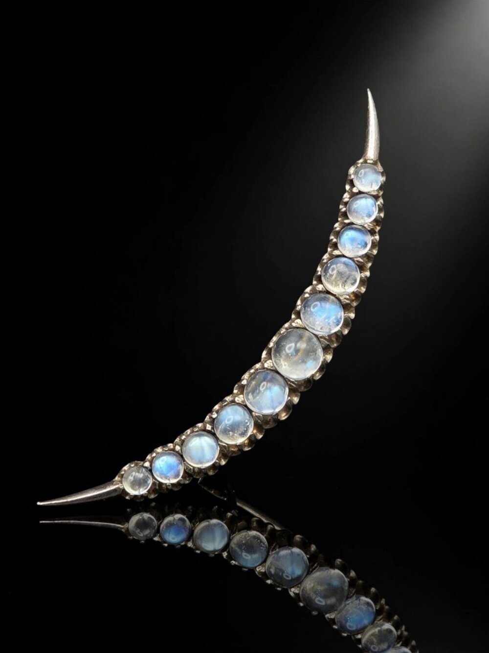 Antique Victorian Ceylon Moonstone Crescent Moon Brooch - Sterling Silver
